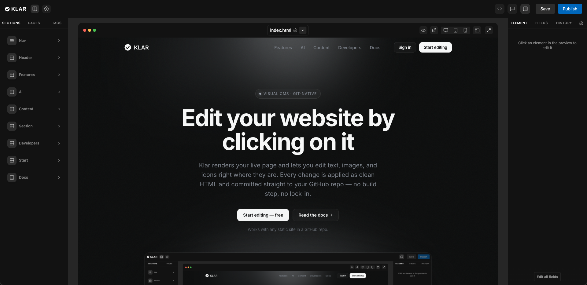 The Klar visual editor — clicking a headline to edit it inline, with the structured fields panel on the right.
